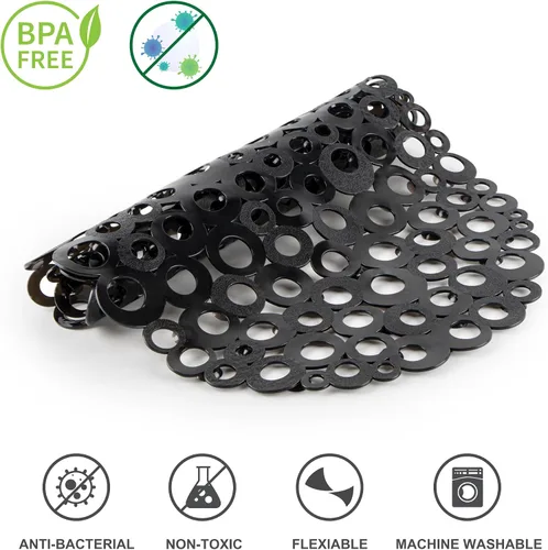 Vista 5 de WELTRXE Tapete ovalado antideslizante con burbujas negras para bañera, tapete de ducha con orificios de drenaje, ventosas, lavable a máquina, BPA