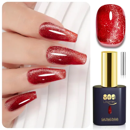 Vista 17 de YTD Likomey - Juego de esmaltes de uñas de gel de ojo de gato, 8 colores con purpurina magnética de cristal, borgoña, rojo, negro, verde, ciruela