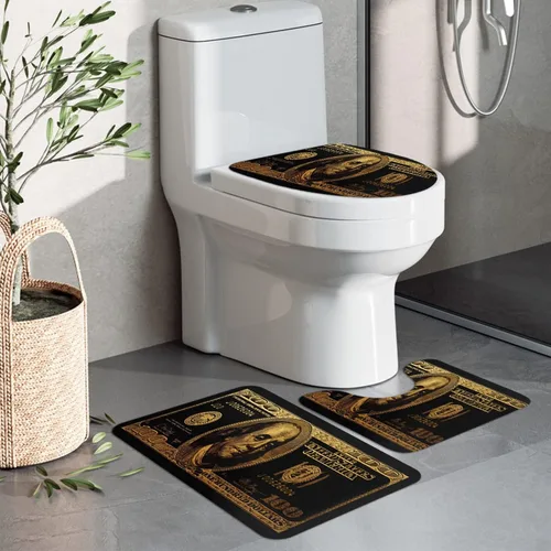 Vista 4 de GUBIYU Juego de alfombras de baño de 100 dólares, color negro y dorado, juego de alfombras de baño con dinero, tapete de baño antideslizante