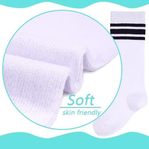 Vista 3 de LO SHOKIM Calcetines altos hasta la rodilla para niños, calcetines de fútbol para niñas, tres rayas sobre la pantorrilla, uniforme escolar, medias