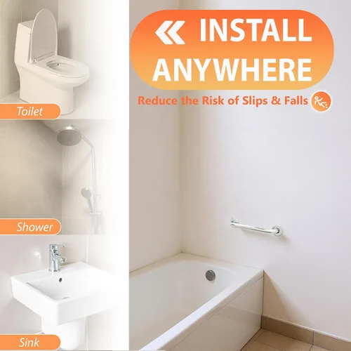 Vista 8 de Mango de ducha de 12 pulgadas, agarre suave, barras de agarre de acero inoxidable 304 para bañeras y duchas, barandillas estándar ADA de cromo