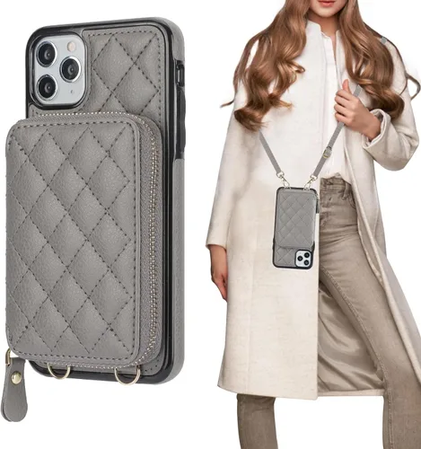 Vista 9 de Bocasal Funda tipo cartera cruzada para iPhone 11 Pro Max, con bloqueo RFID, de piel sintética, con cremallera, funda tipo cartera con función atril