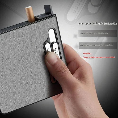 Vista 8 de Estuche para cigarrillos con encendedor, caja de expulsión automática para paquete completo, 20 cigarrillos de tamaño regular, encendedores de doble