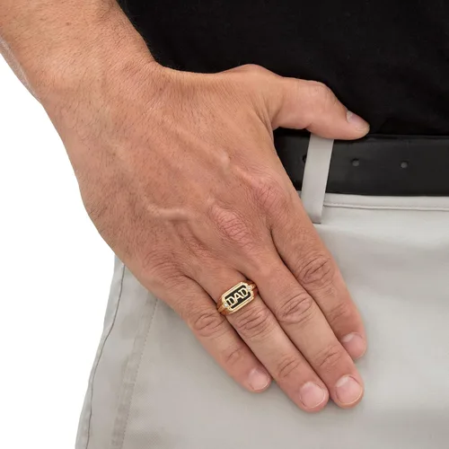 Vista 3 de Anillo de oro amarillo de 10 quilates para hombre, corte esmeralda, ónix negro natural y acento de diamante, tallas 8-13, Metal, Ónix Diamante