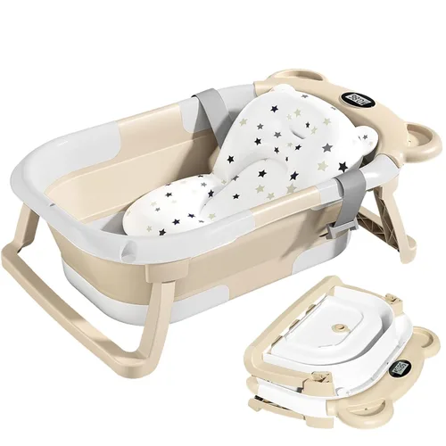 Vista 8 de TPN - Bañera plegable para bebés con cojín suave y termómetro en tiempo real, bañera portátil de viaje para recién nacidos e infantes