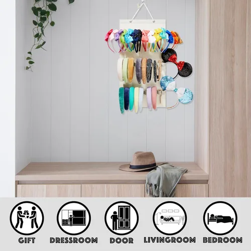 Vista 4 de Organizador de diadema colgante con 30 bucles elásticos para mujeres y niñas, diadema de pared, organizador para el hogar (beige)