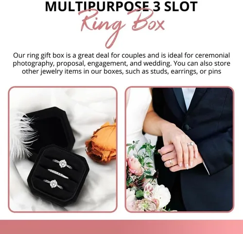 Vista 6 de NIMSIN Caja de terciopelo para anillos de alta calidad para ceremonia de boda con tapa desmontable, elegante y bonita caja para anillos de boda, 3