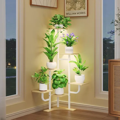 Vista 10 de Homsorout Soporte de esquina para plantas con luz de crecimiento, soporte para plantas de 6 niveles, estante redondo de metal para plantas con luz