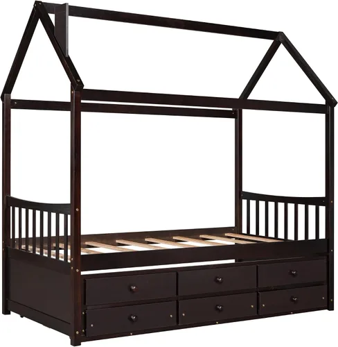 Vista 5 de Cama de madera maciza tamaño individual con techo, nido, 3 cajones de almacenamiento, sofá cama de plataforma para muebles de dormitorio, sala