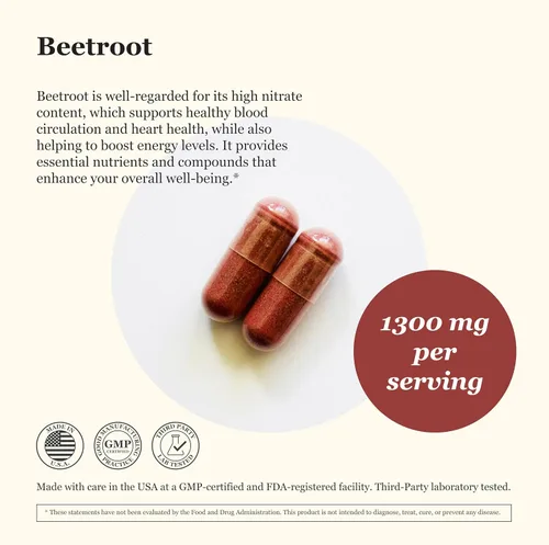 Vista 2 de Remolacha de 1300 mg – Vegano – Sin OMG – Remolacha pura – Apoya la circulación sanguínea y la energía – 60 cápsulas vegetales – Fabricado