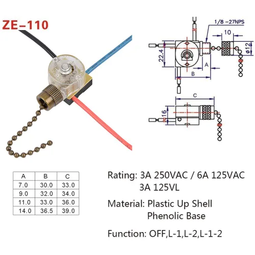 Vista 2 de Zing Ear ZE-110 - Interruptor de luz para ventilador de techo, interruptor de cadena de repuesto para lámpara de 3 cables, compatible