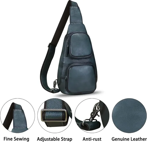 Vista 6 de Bolso de cuero genuino para hombres y mujeres, mochila bandolera de cuero real, bolso cruzado de moda, Grisoscuro