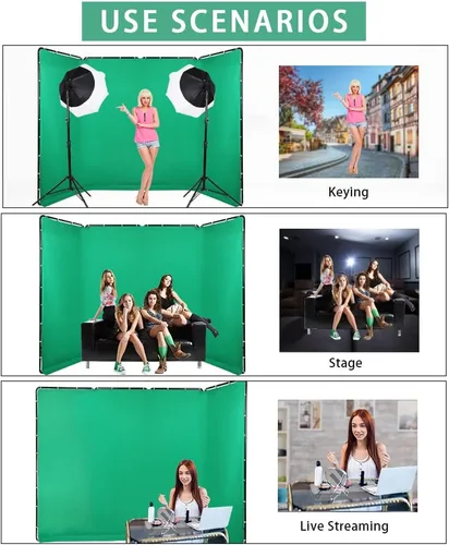 Vista 5 de Telón de fondo de pantalla verde Chromakey portátil de 7.87 pies x 13.12 pies con soporte, sistema de soporte de fondo para fotografía de estudio