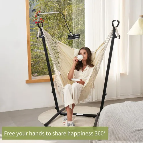 Vista 2 de Hamaca con soporte incluido con soporte para teléfono, silla doble colgante, macramé, estilo boho, hecha a mano, columpio ajustable para interiores