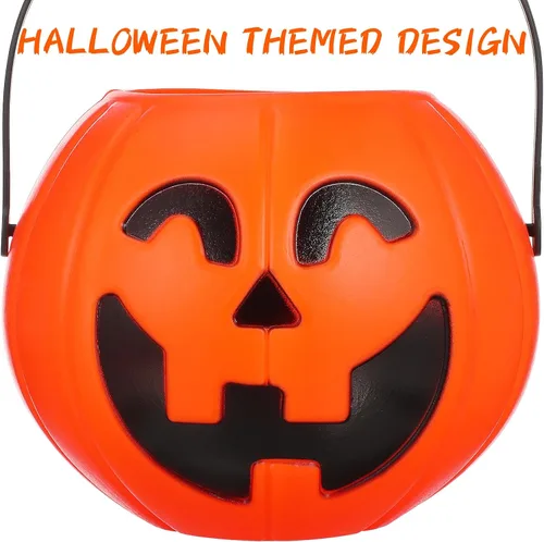 Vista 3 de Cubo de calabaza de Halloween portátil para dulces con asa, decoración creativa de calabaza para el hogar y fiesta, 6.3 pulgadas