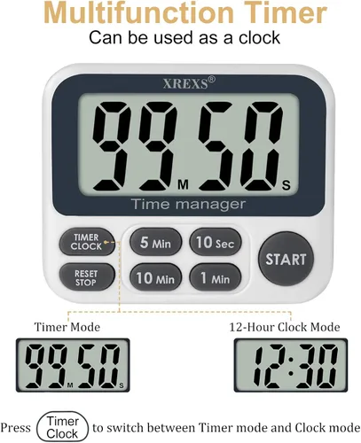 Vista 2 de XREXS Temporizador digital de cocina magnético, temporizador de cuenta regresiva con pantalla LCD grande, volumen ajustable, alarma fuerte y imán