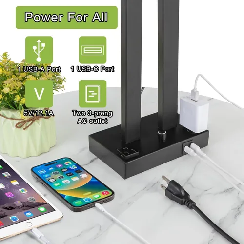 Vista 3 de Juego de lámparas de mesa modernas de 2 a 22 pulgadas de alto con puertos de carga USB-C/USB-A y tomacorriente, tela regulable continua, lámparas