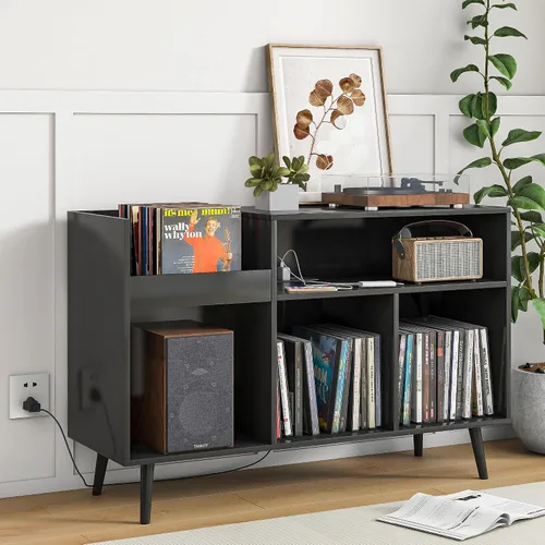 Vista 3 de Jluomei Mid-Century - Soporte para tocadiscos con gabinete de almacenamiento para discos de vinilo, mesa de jugador con toma de corriente, soporte