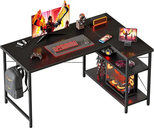 Vista 38 de Mericonia Escritorio pequeño en forma de L para computadora con tomas de corriente, escritorio de juegos para espacios pequeños, escritorio