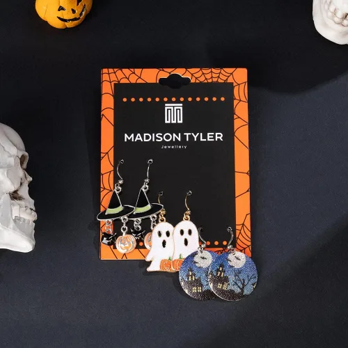 Vista 5 de Madison Tyler Aretes de Halloween para mujer, esqueleto, calavera, fantasma, calabaza, telaraña, sombrero de mago, truco o trato, aretes colgantes