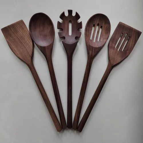 Vista 5 de Utensilios de cocina de madera de nogal negro, 5 piezas, cucharas de mango largo de 14 pulgadas, juego de manualidades