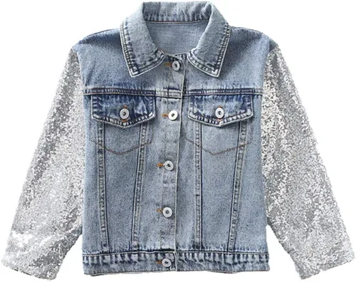 Vista 2 de WELAKEN Chaqueta de mezclilla de unicornio para niñas y niños pequeños con manga brillante, traje de primavera para niñas, chaquetas de mezclilla