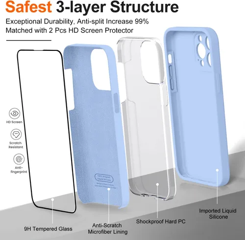 Vista 4 de Funda compatible con iPhone 14 Pro Max, con 2 protectores de pantalla de vidrio templado 9H, [protección de cámara] [forro de microfibra] Funda