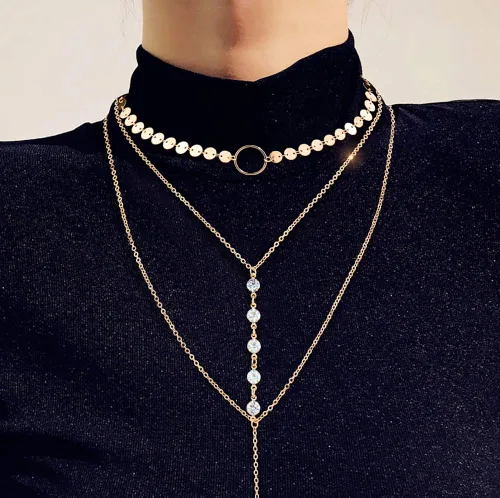 Vista 4 de Suyi - Collar de lentejuelas con cadena fina, cadena larga y dije en capas, para mujeres y niñas