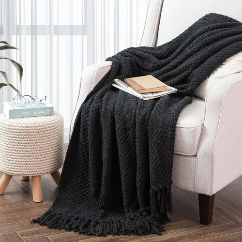Vista 32 de Manta de punto suave con textura para sofá, manta de tweed crema con borlas de flecos para decoración del hogar, cama, sofá, silla, 50 x 60 Blanco