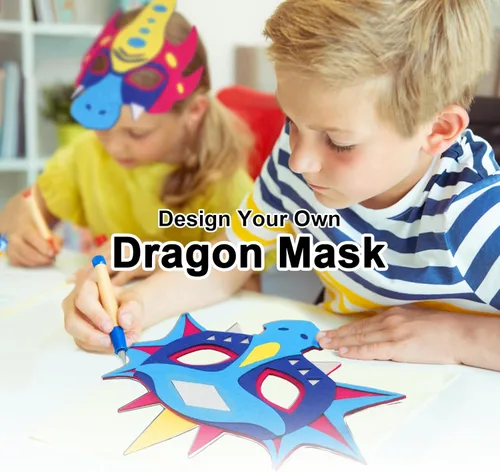 Vista 2 de iROLEWIN Paquete de 12 máscaras de dragón de fieltro para niños, recuerdos de fiesta, juguetes de dinosaurio, disfraces para niños y niñas, regalos