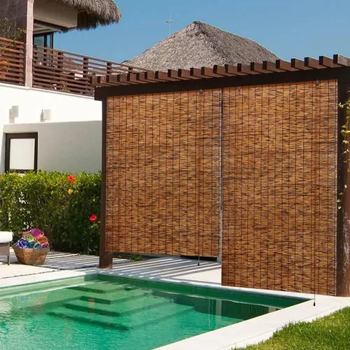 Vista 6 de Persianas romanas de bambú impermeables para patio interior/exterior, cortinas enrollables para protección de privacidad, porche, cortinas opacas