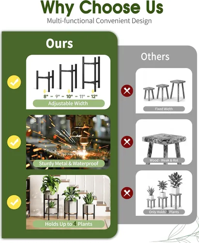 Vista 5 de Paquete de 3 soportes para plantas ajustables para interiores, soporte moderno de metal para plantas de interior, soportes resistentes para plantas