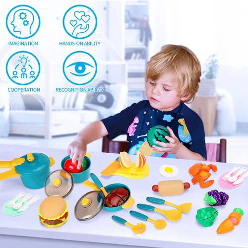 Vista 6 de Juego de accesorios de cocina para niños, juego de juguetes de cocina para niños, juego de juguetes de cocina para niños pequeños, ollas y sartenes
