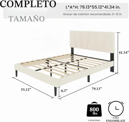 Vista 2 de HAOARA Marco de cama tamaño completo con cabecera tapizada en tela, cama plataforma con soporte de listones de madera, base de colchón completa