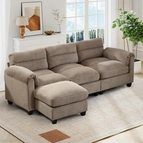 Vista 49 de HAOMARKETS Sofá esquinero modular en forma de L de 115 pulgadas con 2 otomanas móviles, sofás de pana de 8 plazas con cojín grueso para sala de Beige