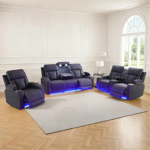 Vista 25 de Sofá reclinable con luces LED, sofá reclinable de cuero con dos asientos reclinables/puerto USB/consola de almacenamiento/soporte para vasos