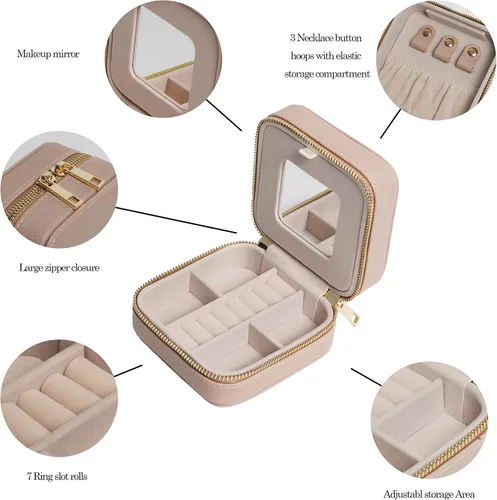 Vista 3 de Precioso joyero de viaje de cuero con espejo estuche de joyería impermeable para mujeres organizador de joyas almacenamiento para aretes anillos