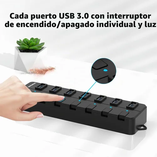 Vista 2 de Concentrador USB, concentrador USB 3.0 de 7 puertos, divisor USB VEMONT con interruptores y luces individuales de encendido/apagado, cable largo USB