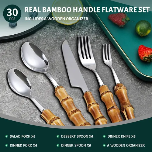 Vista 2 de Juego de cubiertos de bambú de 30 piezas, utensilios de cocina para el hogar, juegos de cubiertos de bambú para 6, juegos de cubiertos con mango
