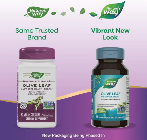 Vista 2 de Nature's Way Hoja de olivo, extracto premium, apoya la salud del corazón*, 20% de oleuropeína, 250 mg por porción, proyecto verificado sin OMG, 60