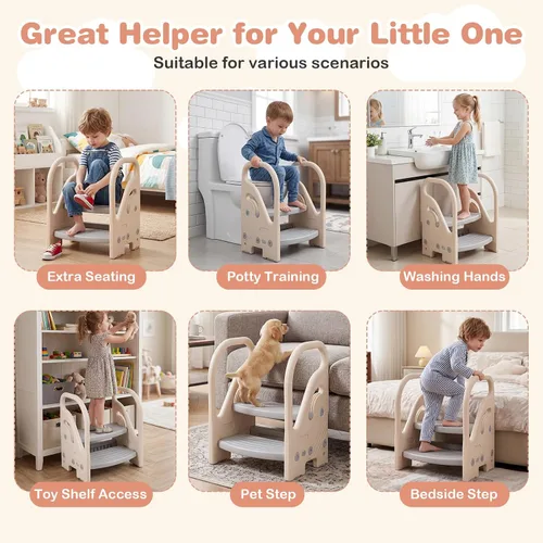 Vista 4 de Costzon Taburete auxiliar ajustable de 2 pasos para niños pequeños con asas de seguridad y almohadillas antideslizantes, escalera de plástico