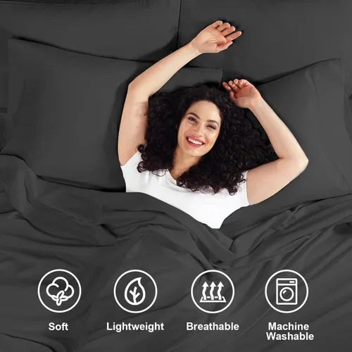 Vista 2 de Juego de sábanas de lujo Juego de cama de lujo, bolsillo extra profundo Juego de sábanas ajustable, sábana de arriba y 2 fundas de almohada, ropa