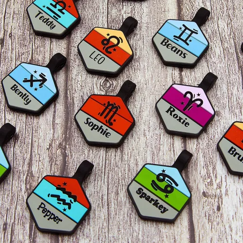 Vista 6 de Placa silenciosa para perro personalizada con 5 líneas de identificación de mascotas de silicona duradera y grabada profundamente, hexágono, azul