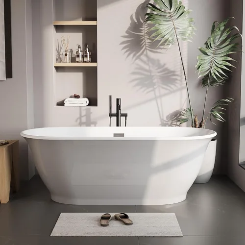 Vista 25 de 59 Inch Freestanding Bathtubs, White Acrylic Free Standing Bathtub, Modern Soaking Tub with Integrated Overflow & Chrome Drain for Bathroom Remodel