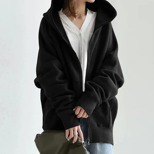 Vista 2 de DOLKFU Sudaderas con capucha de manga larga con cremallera para mujer, color liso, cómodas, holgadas, informales, para otoño