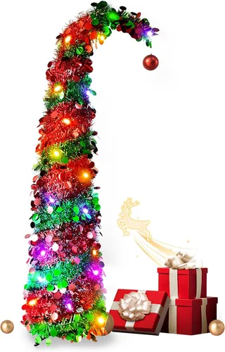 Vista 8 de 5ft Pop Up Artificial Christmas Tree with LED Lights for Holiday Decor Green Pre-Lit Christmas Tree, 1 Red Ball, Artificial Collapsible Skinny Verde