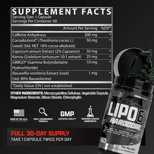Vista 8 de Nutrex Research Cápsulas dietéticas Lipo-6 Hardcore Energy, 60