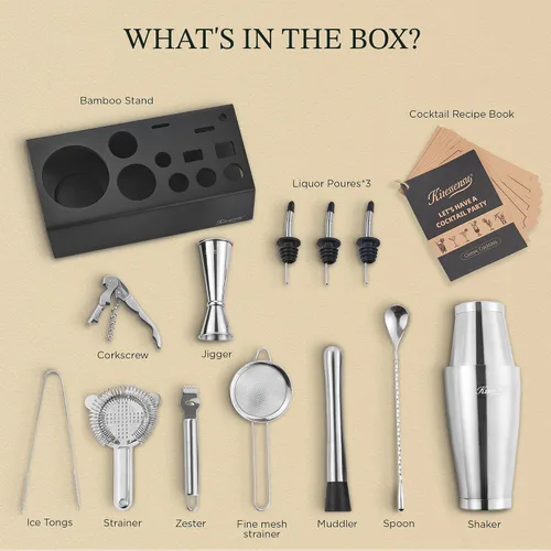 Vista 2 de KITESSENSU Boston Shaker Set Mixology Bartender Kit Kit de coctelera premium con soporte Accesorios profesionales para herramientas de bar