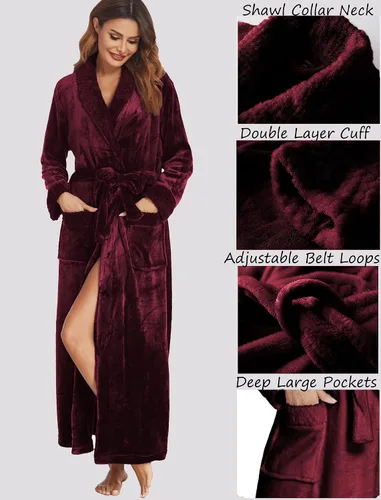Vista 2 de Ekouaer Bata de forro polar para mujer bata larga de baño de felpa con cuello chal ropa de dormir de longitud completa con bolsillos