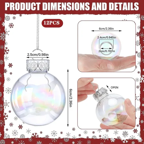 Vista 2 de 12 bolas de plástico transparente rellenables para bricolaje, bolas de Navidad de 2.36 pulgadas para Navidad, Halloween, cumpleaños, decoración